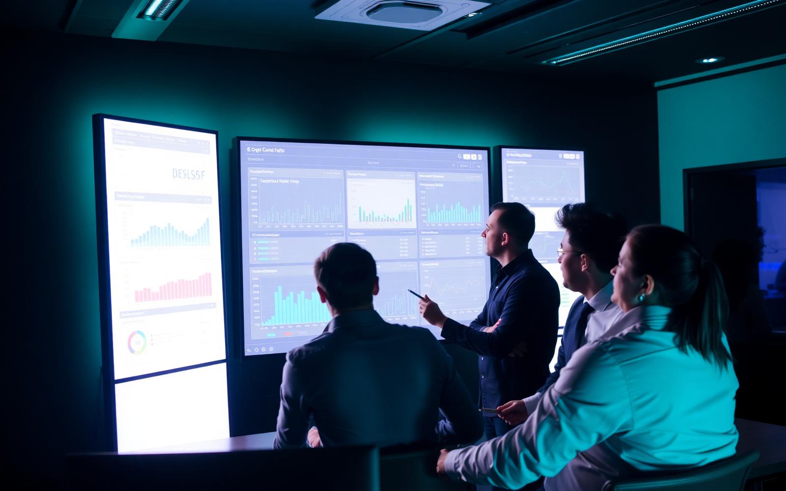 Consulting team reviewing data dashboards in a modern operations room